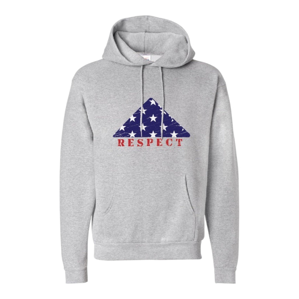 Breacher Rustics grey cotton blend pullover hoodie with a distressed American flag triangle graphic and the word RESPECT. 13 folds american flag meaning hoodie patriotic tribute apparel honoring military and first responders soft fleece hoodie
