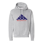 Breacher Rustics grey cotton blend pullover hoodie with a distressed American flag triangle graphic and the word RESPECT. 13 folds american flag meaning hoodie patriotic tribute apparel honoring military and first responders soft fleece hoodie
