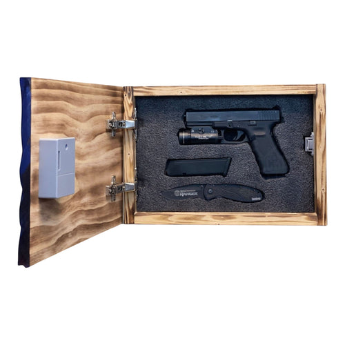 Breacher Rustics 2nd Amendment concealment box with RFID lock, holding a pistol, magazine, and knife. Made of wood with customizable Kaizen foam. second amendment concealment box wood RFID lock hidden gun storage patriotic engraved display box usa made