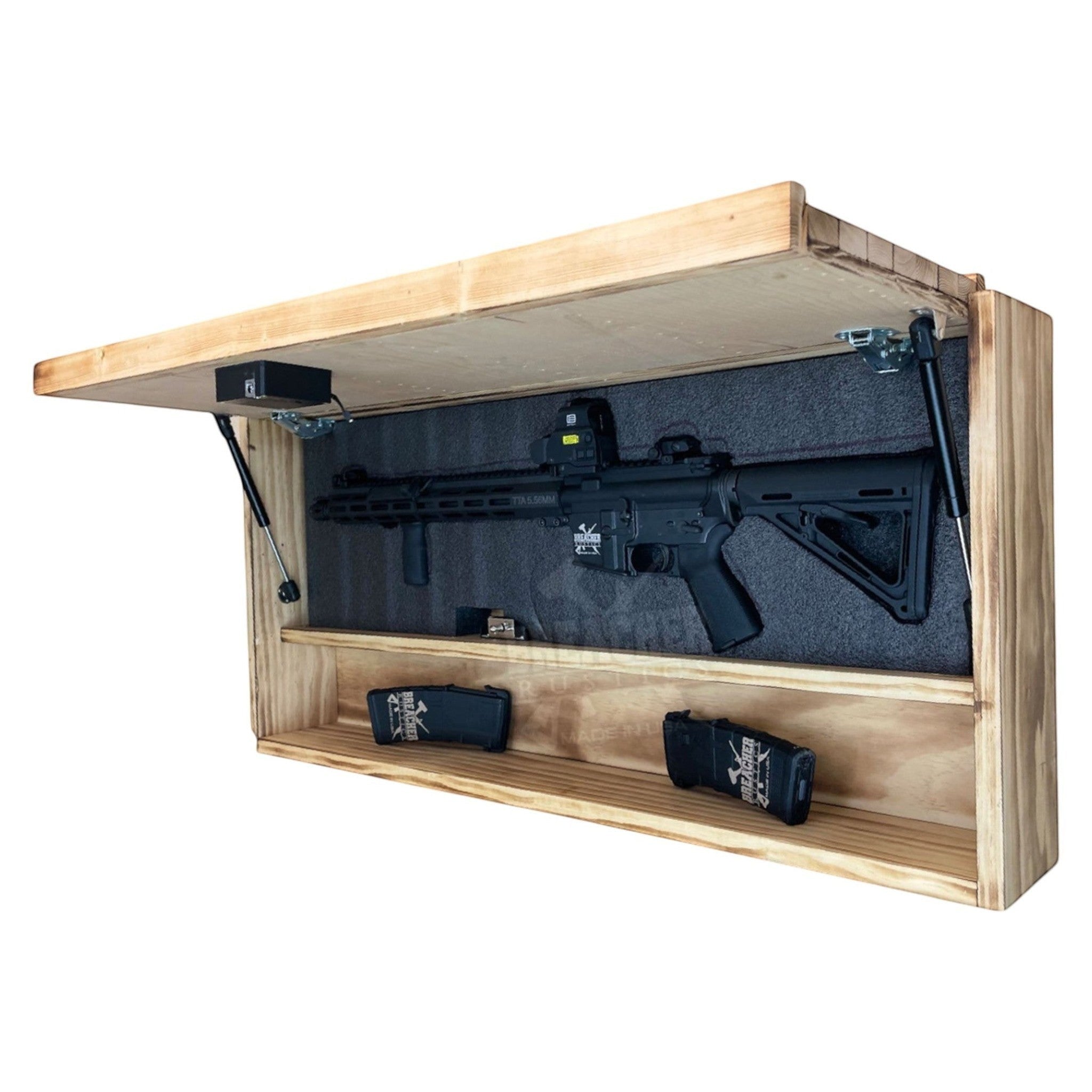 Breacher Rustics USA Armed Forces concealment cabinet with rifle and magazines inside, featuring RFID lock and soft open shocks. american flag concealment gear rack RFID lock wooden wall mounted hidden gun storage shelf patriotic usa made organizer military gift veteran army navy usmc marines marine corps air force