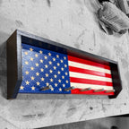 Breacher Rustics USA flag key rack with black frame and brass hooks resembling .223 rounds. american flag key holder wall rack usa made patriotic home entryway organization rustic wood key rack