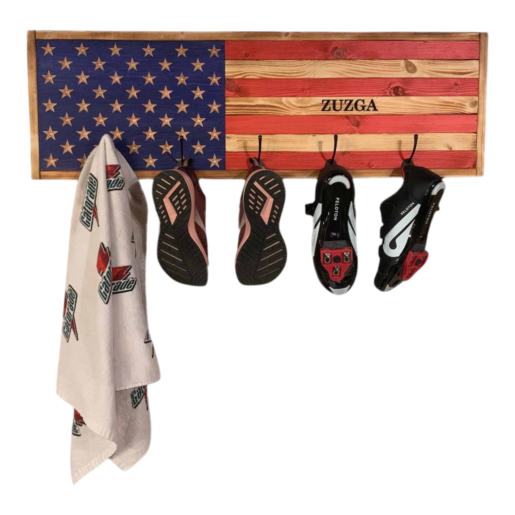 Breacher Rustics wooden American flag coat rack with 5 hooks, personalized with name, ideal for police or outdoor gear. american flag thin blue line coat rack wooden wall mounted hook rack patriotic home decor police officer tribute entryway storage