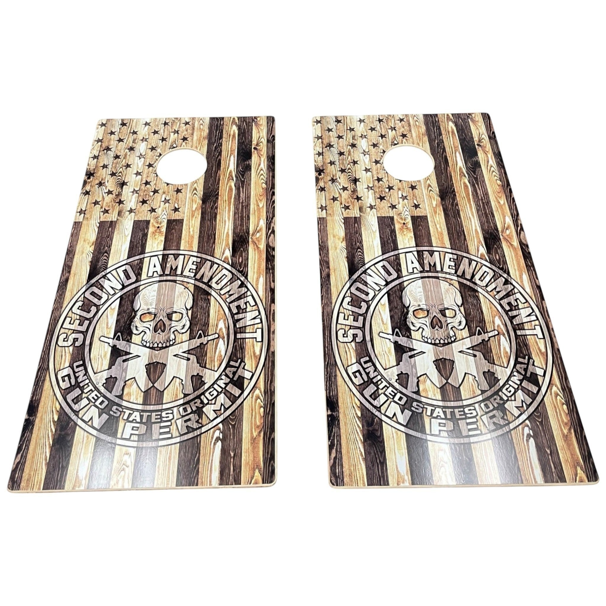 Breacher Rustics USA flag cornhole set with distressed wood grain and Second Amendment skull graphic. Perfect for outdoor games. custom cornhole boards logo personalized set wooden american flag design backyard party and tailgate game