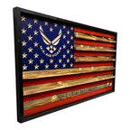 Breacher Rustics wooden US Air Force flag with carved stars and personalized text. Features coin rails and red/natural wood stripes. military challenge coin display flag wooden rack for coins patriotic gift for veterans and service members
