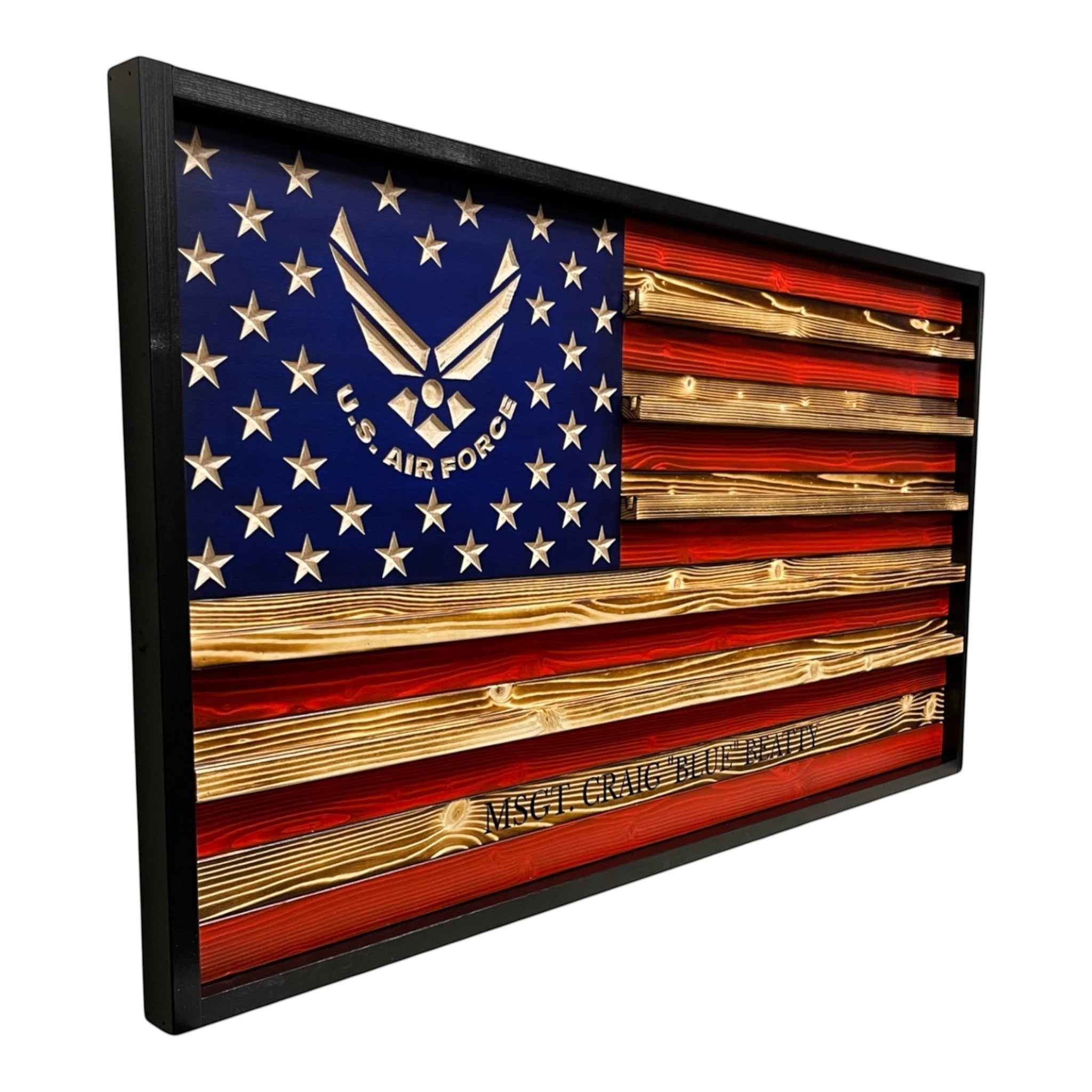 Breacher Rustics wooden US Air Force flag with carved stars and personalized text. Features coin rails and red/natural wood stripes. military challenge coin display flag wooden rack for coins patriotic gift for veterans and service members