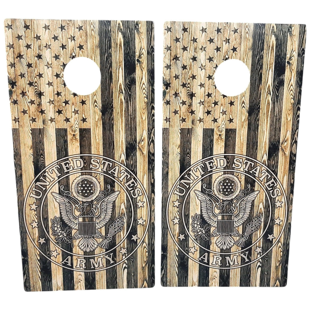 Breacher Rustics Army USA Flag cornhole boards with wood grain and distressed stars. Features the United States Army emblem. army cornhole set military flag patriotic outdoor game wooden boards gift for soldiers veterans and supporters