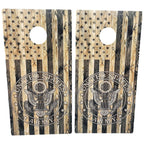 Breacher Rustics Army USA Flag cornhole boards with wood grain and distressed stars. Features the United States Army emblem. army cornhole set military flag patriotic outdoor game wooden boards gift for soldiers veterans and supporters