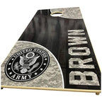 Breacher Rustics Army cornhole set with US Army logo and custom "BROWN" text. Features digital camouflage accents. army cornhole set handmade wooden patriotic backyard bean bag toss game military themed boards usa made