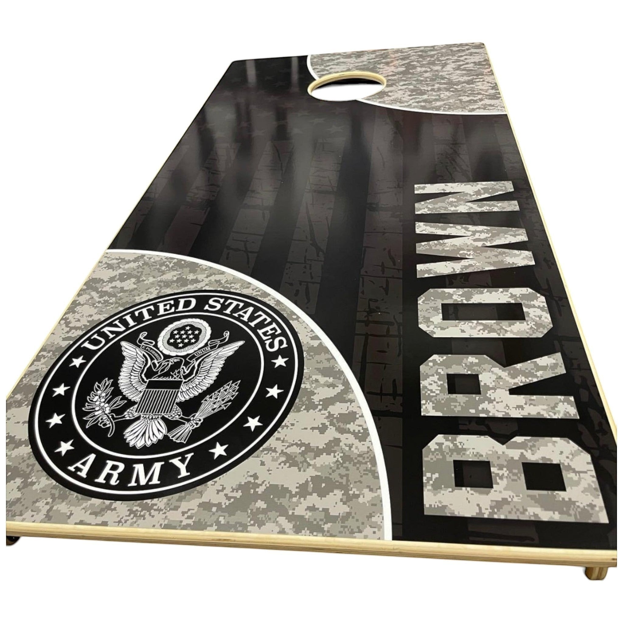 Breacher Rustics Army cornhole set with US Army logo and custom "BROWN" text. Features digital camouflage accents. army cornhole set handmade wooden patriotic backyard bean bag toss game military themed boards usa made