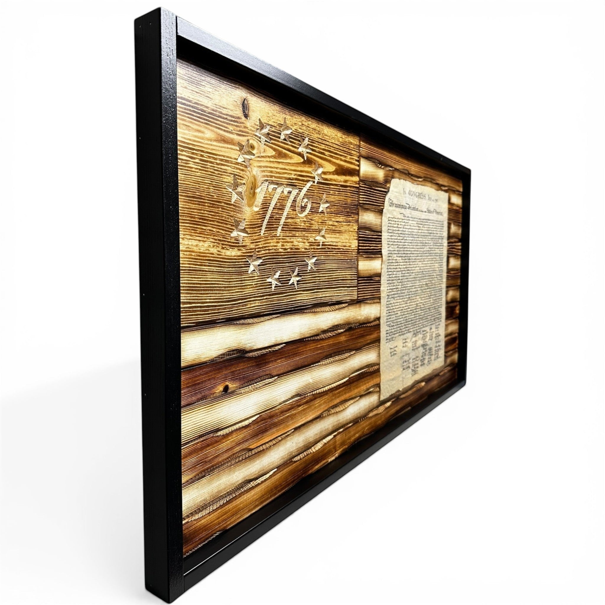 Breacher Rustics carved wood flag featuring the Declaration of Independence and "1776" in the union, with a battle-worn finish. 1776 declaration of independence wood flag wall art carved patriotic american history decor founding fathers flag usa made constitution wall art american america