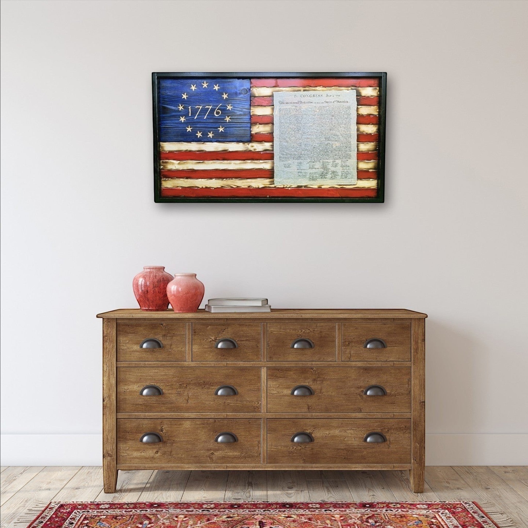 Breacher Rustics carved wood flag featuring the Declaration of Independence and "1776" in the union. Battle-worn look with red, white, and blue colors. 1776 declaration of independence wood flag wall art carved patriotic american history decor founding fathers flag usa made constitution america wooden
