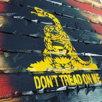 Breacher Rustics black framed carved wood flag with yellow Don't Tread On Me snake and 1776 detail dont tread on me gadsden wood flag 1776 carved patriotic american history wall decor rustic wooden flag usa made