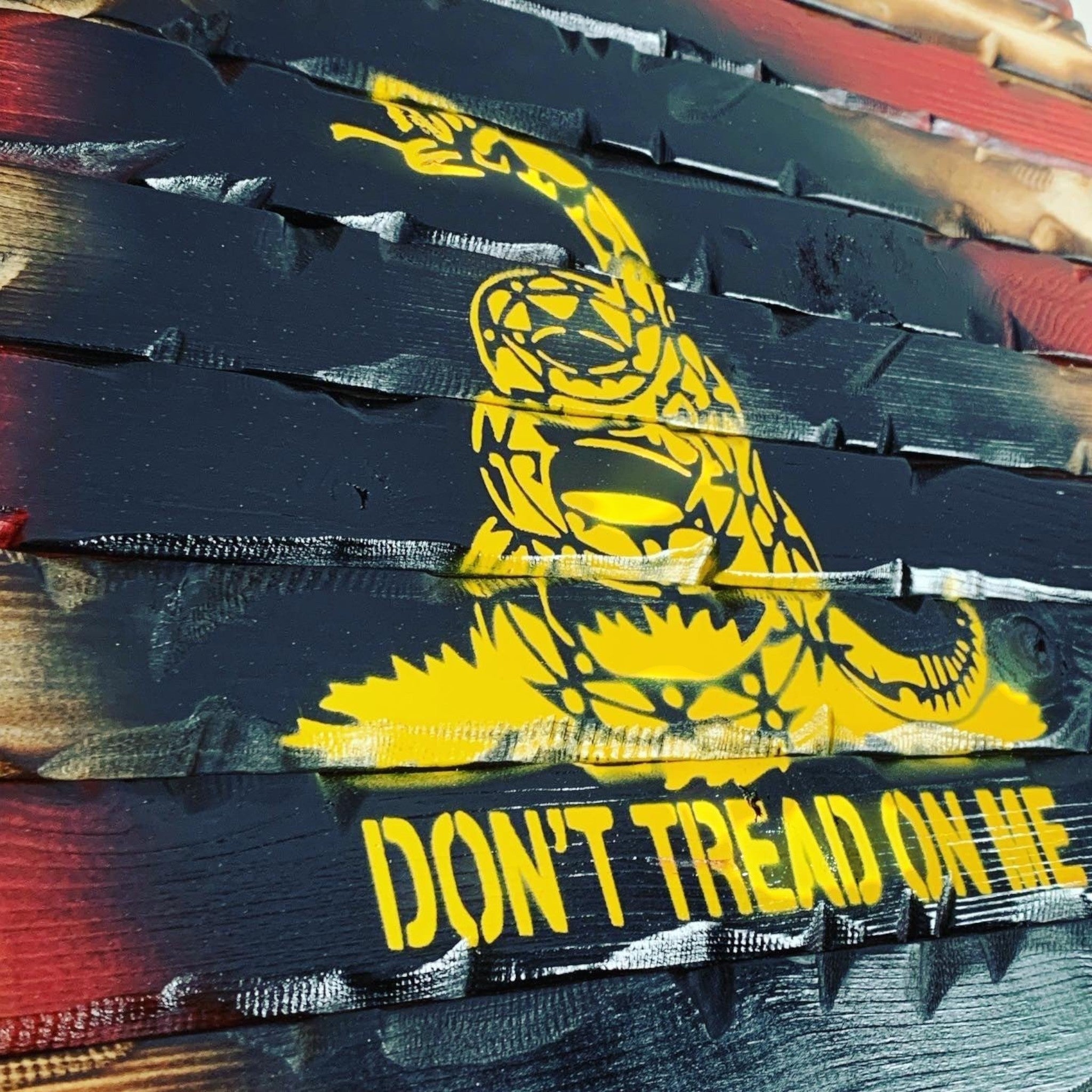 Breacher Rustics black framed carved wood flag with yellow Don't Tread On Me snake and 1776 detail dont tread on me gadsden wood flag 1776 carved patriotic american history wall decor rustic wooden flag usa made