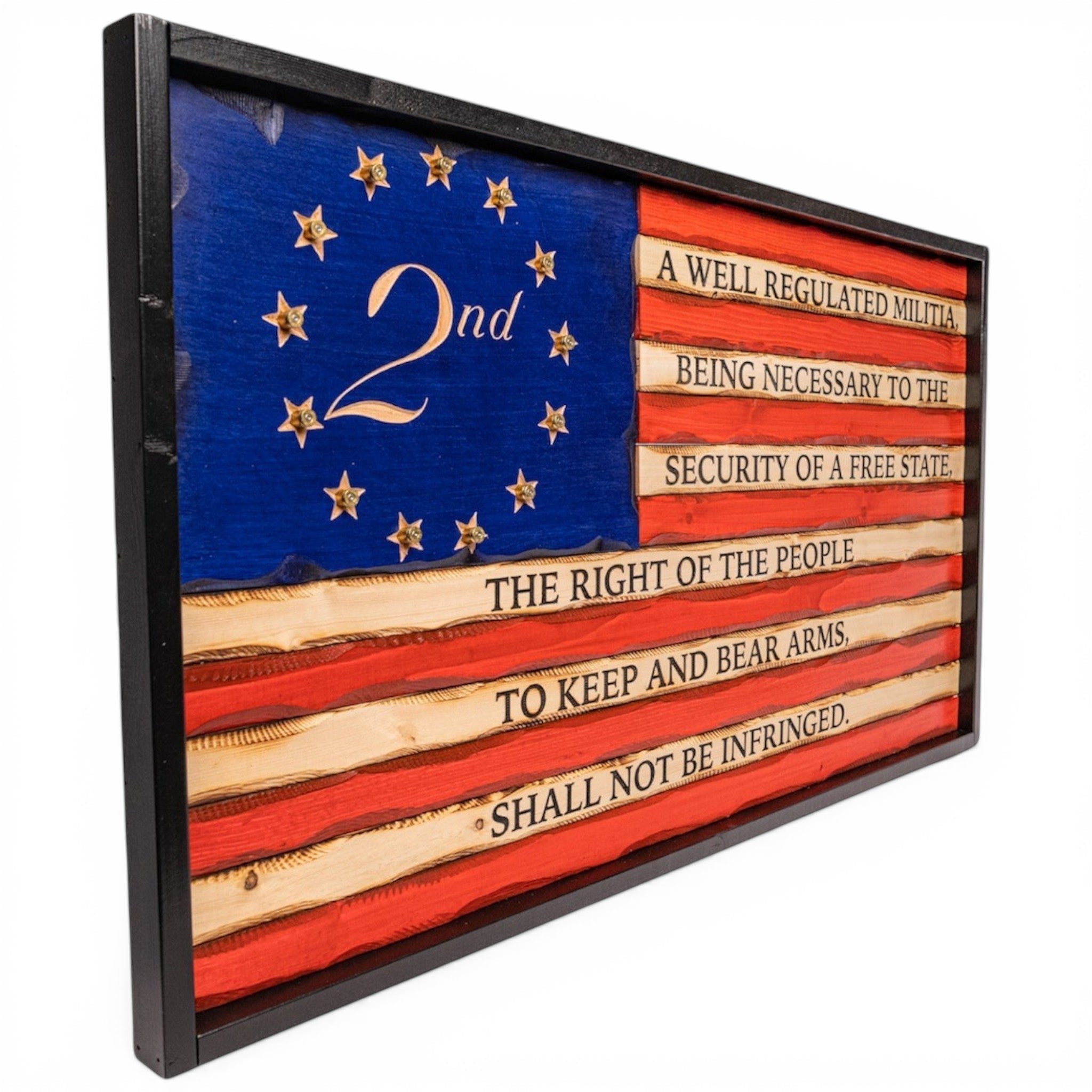 Breacher Rustics carved wood flag featuring the 2nd Amendment text and 9mm casings inset into stars. second amendment wooden flag wall art carved patriotic gun rights decor american flag wood handmade usa made