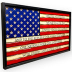 Breacher Rustics battle worn carved wood American flag with Pledge of Allegiance text and carved stars, black frame. battle worn pledge of allegiance carved wood flag handmade american flag wall art patriotic rustic decor usa made
