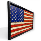 Breacher Rustics black framed wooden American flag with carved stars and battle-worn patina finish. american flag carved wood wall art handmade patriotic decor rustic wooden flag usa made craftsmanship
