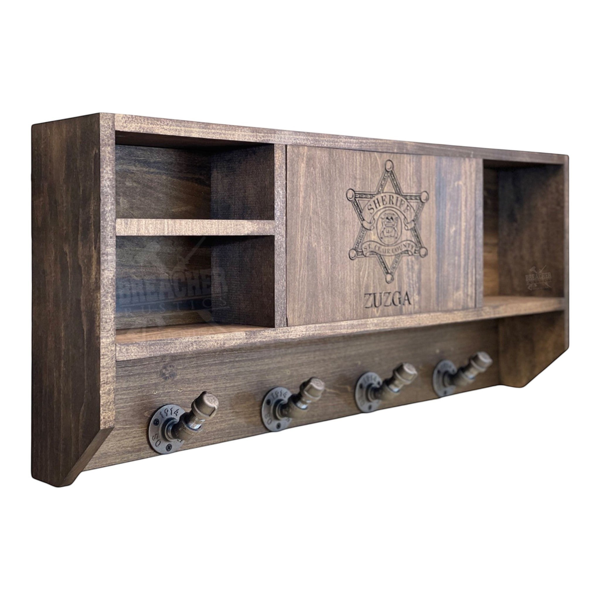 Breacher Rustics dark wood concealment shelf with sheriff's badge and name, featuring 4 pipe-style hooks below. black concealment wall shelf gear rack organizer for keys jackets and tactical gear hidden cabinet storage solution