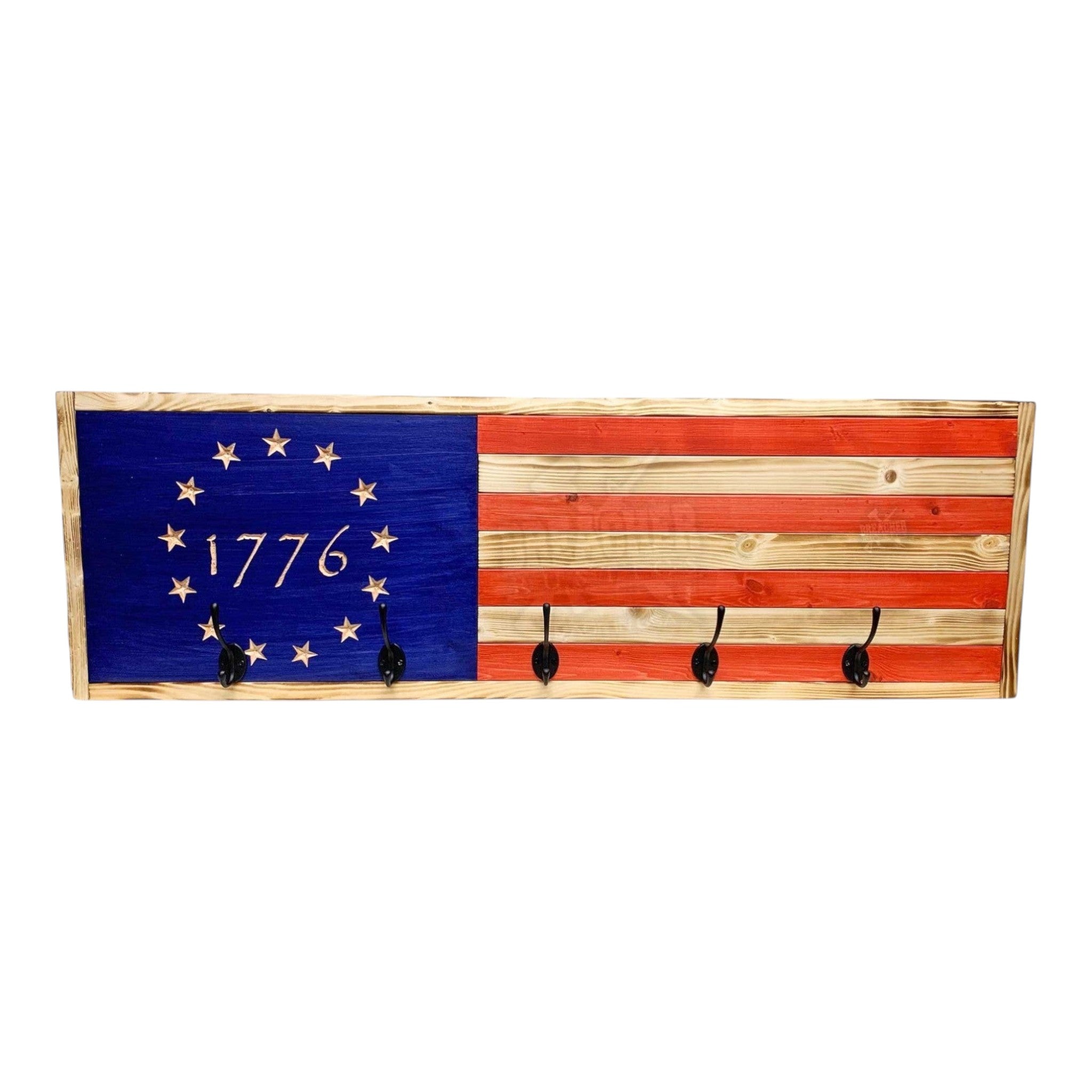 Breacher Rustics 1776 Betsy Ross American flag coat rack with 5 black hooks. Wooden, red, white, and blue design. 1776 betsy ross american flag usa coat rack wooden wall mounted hook rack patriotic entryway organizer made in usa