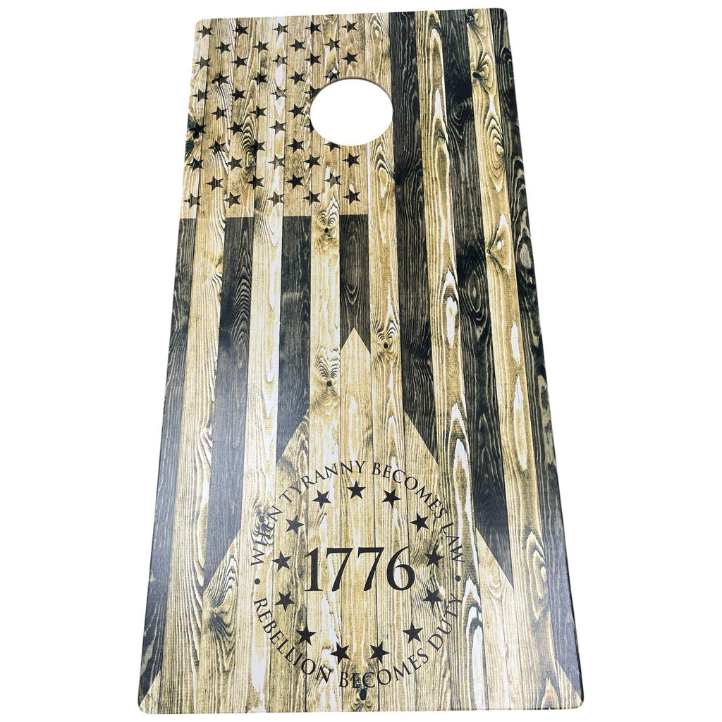 Breacher Rustics 1776 Tyranny/Rebellion USA flag cornhole board with wood grain finish and stars.