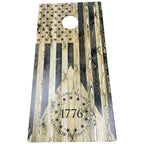 Breacher Rustics 1776 Tyranny/Rebellion USA flag cornhole board with wood grain finish and stars.