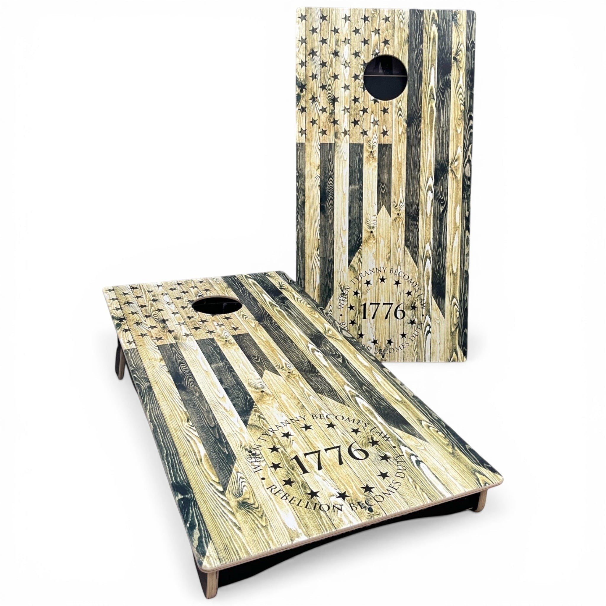 Breacher Rustics 1776 Tyranny/Rebellion USA flag cornhole set, natural wood grain finish with black stars and text.