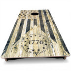 Breacher Rustics 1776 Tyranny/Rebellion USA flag cornhole set with wood grain finish. Features stars and patriotic quote.