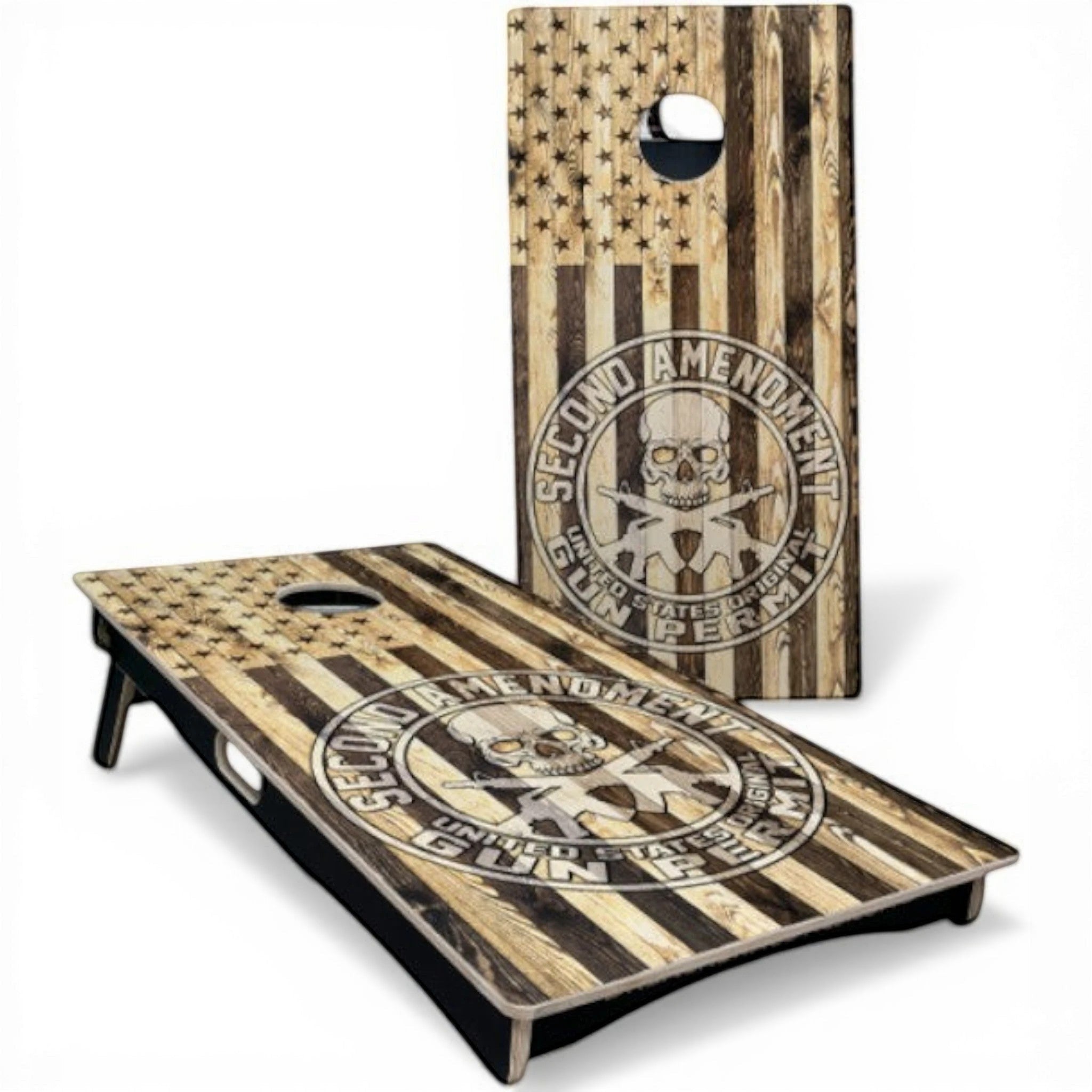 Breacher Rustics USA flag cornhole set with Second Amendment skull graphic. Natural wood finish.american flag cornhole set handmade wood regulation size boards patriotic backyard game usa made second amendment 2a gadsden