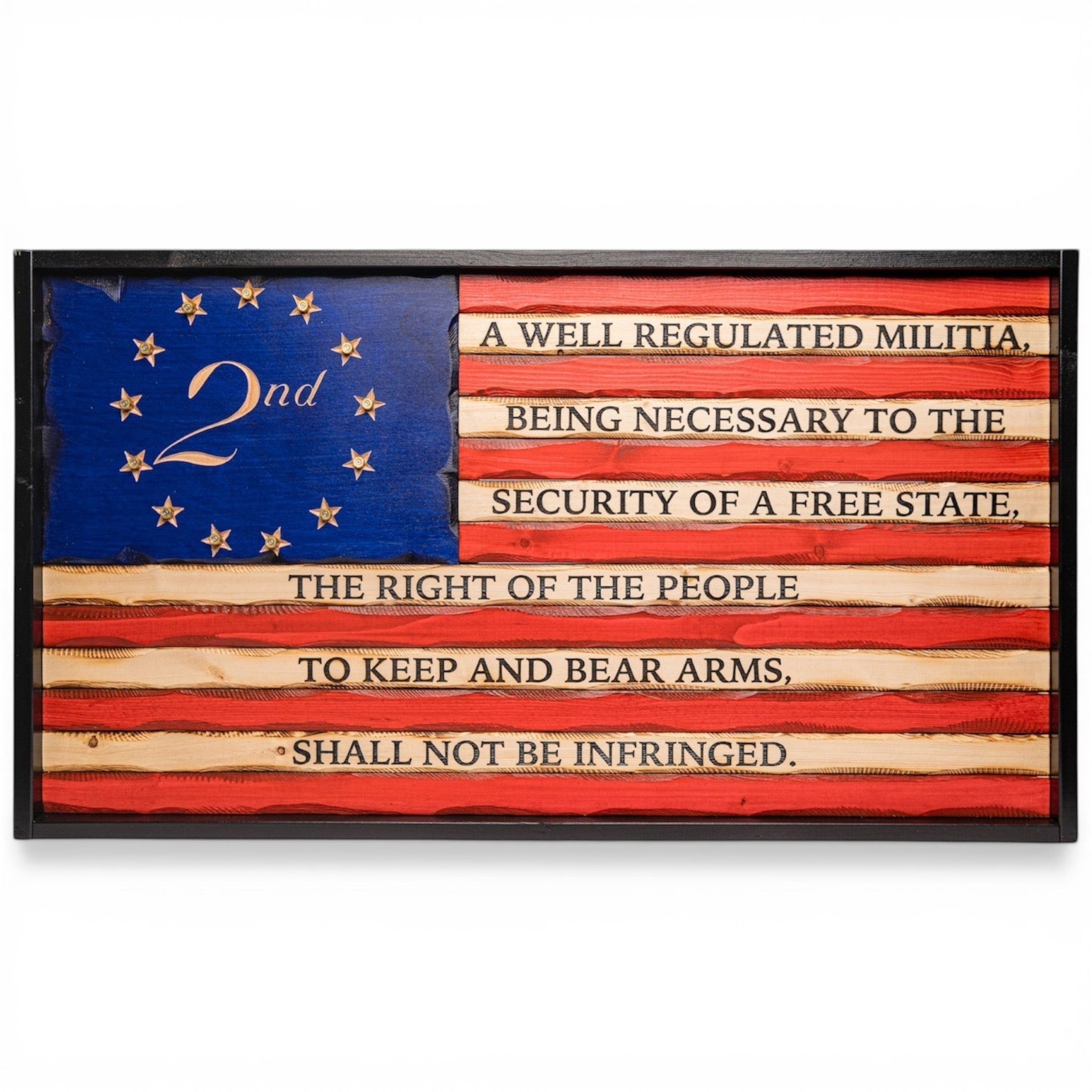 Breacher Rustics battle worn carved wood flag with 2nd Amendment text and 9mm casings in stars. battle worn 2nd amendment carved wood flag handmade american flag wall art patriotic gun rights decor usa made