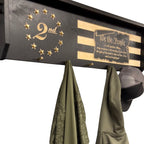 Breacher Rustics 2nd Amendment coat rack with bullet casing hooks and "We the People" scroll design. second amendment bullet gear rack coat rack handmade wooden patriotic wall mounted organizer 2a flag decor usa made display