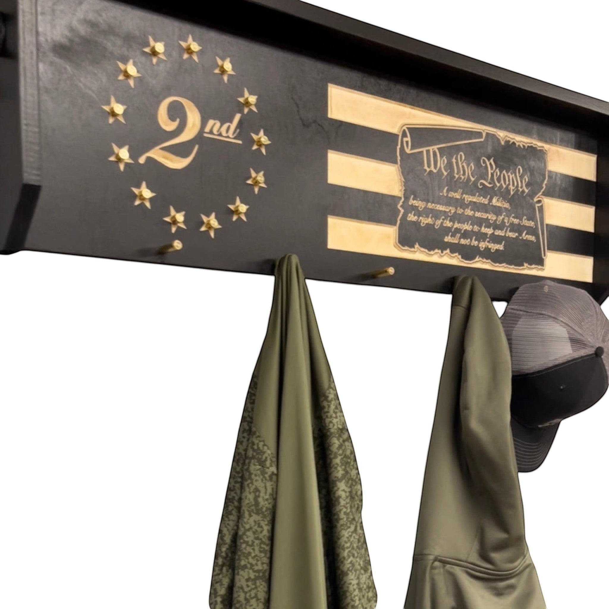 Breacher Rustics 2nd Amendment coat rack with bullet casing hooks and "We the People" scroll design. second amendment bullet gear rack coat rack handmade wooden patriotic wall mounted organizer 2a flag decor usa made display