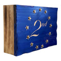 Breacher Rustics 2nd Amendment concealment box with blue finish, stars, bullet casings, and engraved '2nd'. 2a concealment box RFID locking hidden storage wooden gun concealment box second amendment patriotic display usa made