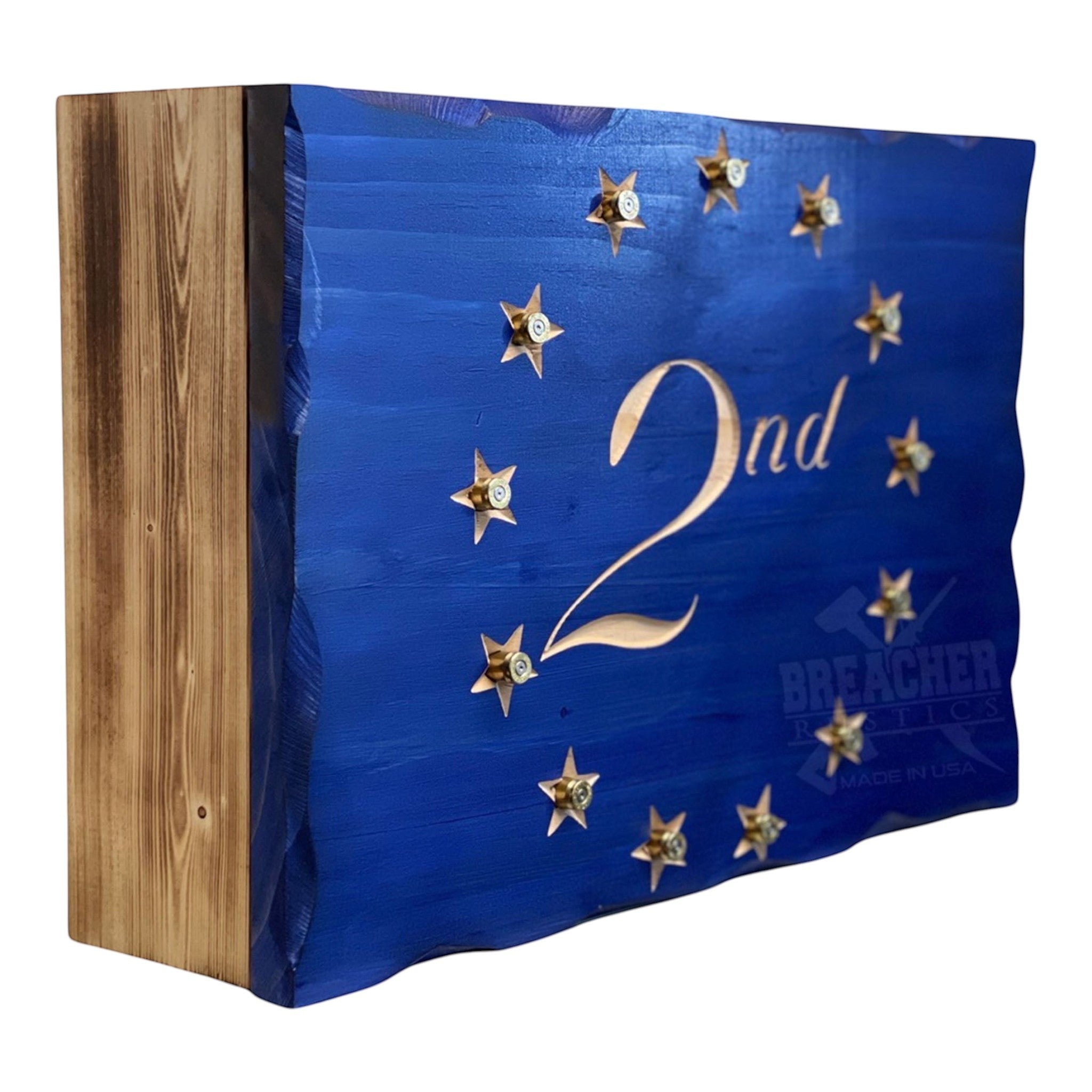 Breacher Rustics 2nd Amendment concealment box with blue finish, stars, bullet casings, and engraved '2nd'. 2a concealment box RFID locking hidden storage wooden gun concealment box second amendment patriotic display usa made