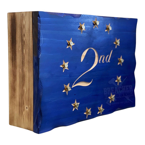 Breacher Rustics 2nd Amendment concealment box with blue finish, stars, bullet casings, and engraved '2nd'. 2a concealment box RFID locking hidden storage wooden gun concealment box second amendment patriotic display usa made