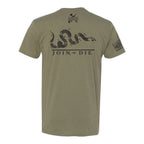 Breacher Rustics olive green cotton t-shirt with a black graphic of a segmented snake and the text "JOIN, or DIE."