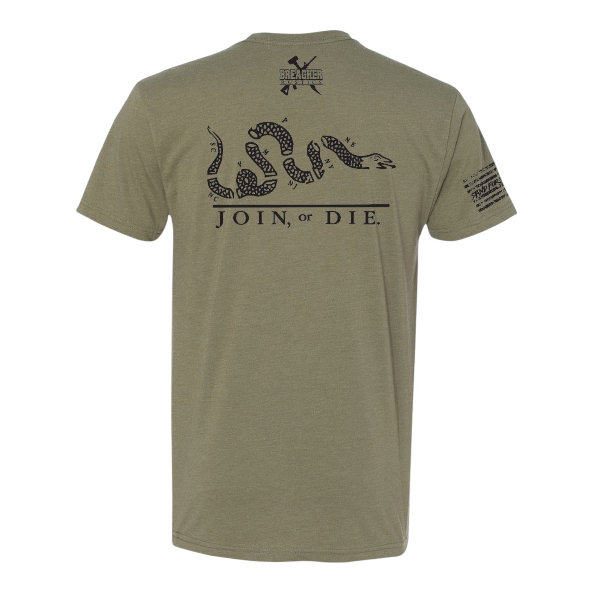 Breacher Rustics olive green cotton t-shirt with a black graphic of a segmented snake and the text "JOIN, or DIE."