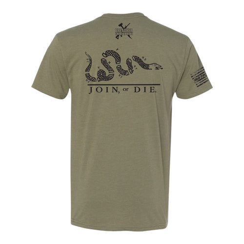Breacher Rustics olive green cotton t-shirt with a black graphic of a segmented snake and the text "JOIN, or DIE."