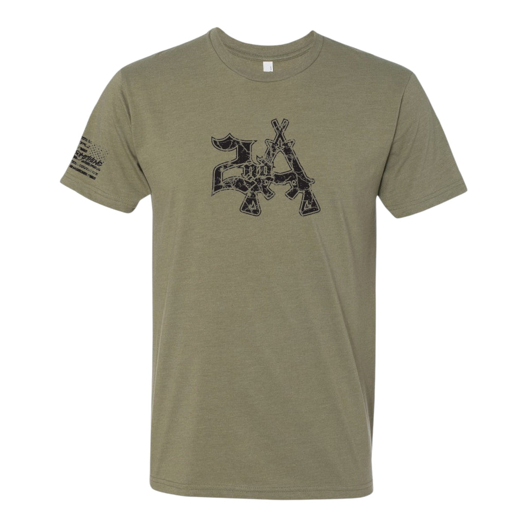 Breacher Rustics olive green cotton t-shirt with distressed "2A" graphic and crossed rifles. American flag detail on sleeve.