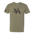 Breacher Rustics olive green cotton t-shirt with distressed "2A" graphic and crossed rifles. American flag detail on sleeve.