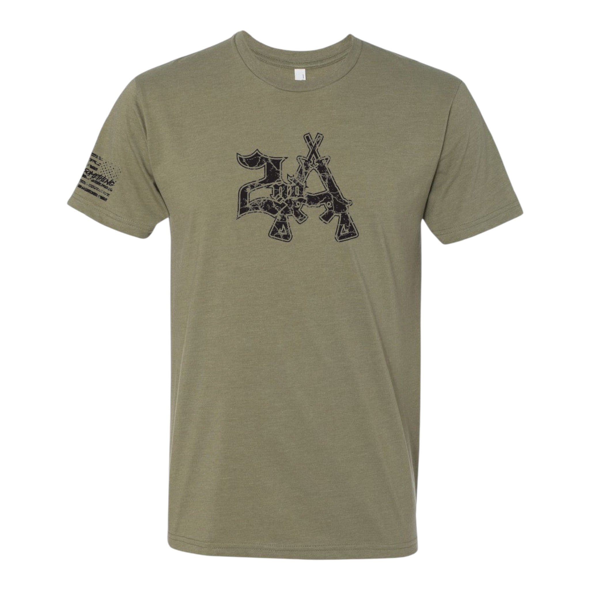 Breacher Rustics olive green cotton t-shirt with distressed "2A" graphic and crossed rifles. American flag detail on sleeve.