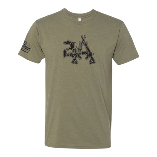 Breacher Rustics olive green cotton t-shirt with distressed "2A" graphic and crossed rifles. American flag detail on sleeve.