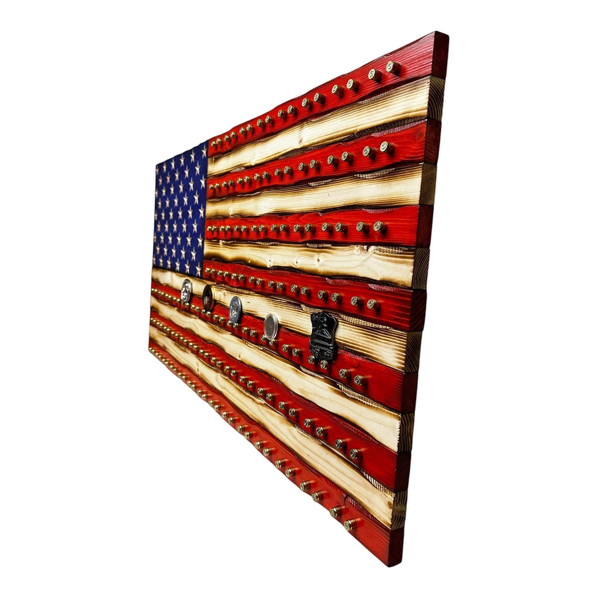 Breacher Rustics American flag display with 9mm casings for challenge coins. Red and natural wood finish.