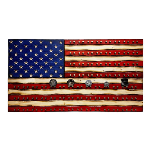 Breacher Rustics American flag display with 9mm casings for challenge coins. Features red and blue wood with engraved stars and stripes.