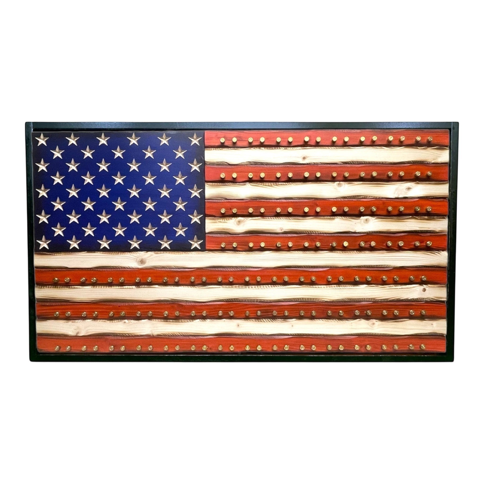 Breacher Rustics American flag display with 9mm casings for challenge coins. Features engraved stars and stripes, rustic wood finish, and holds 74 coins.