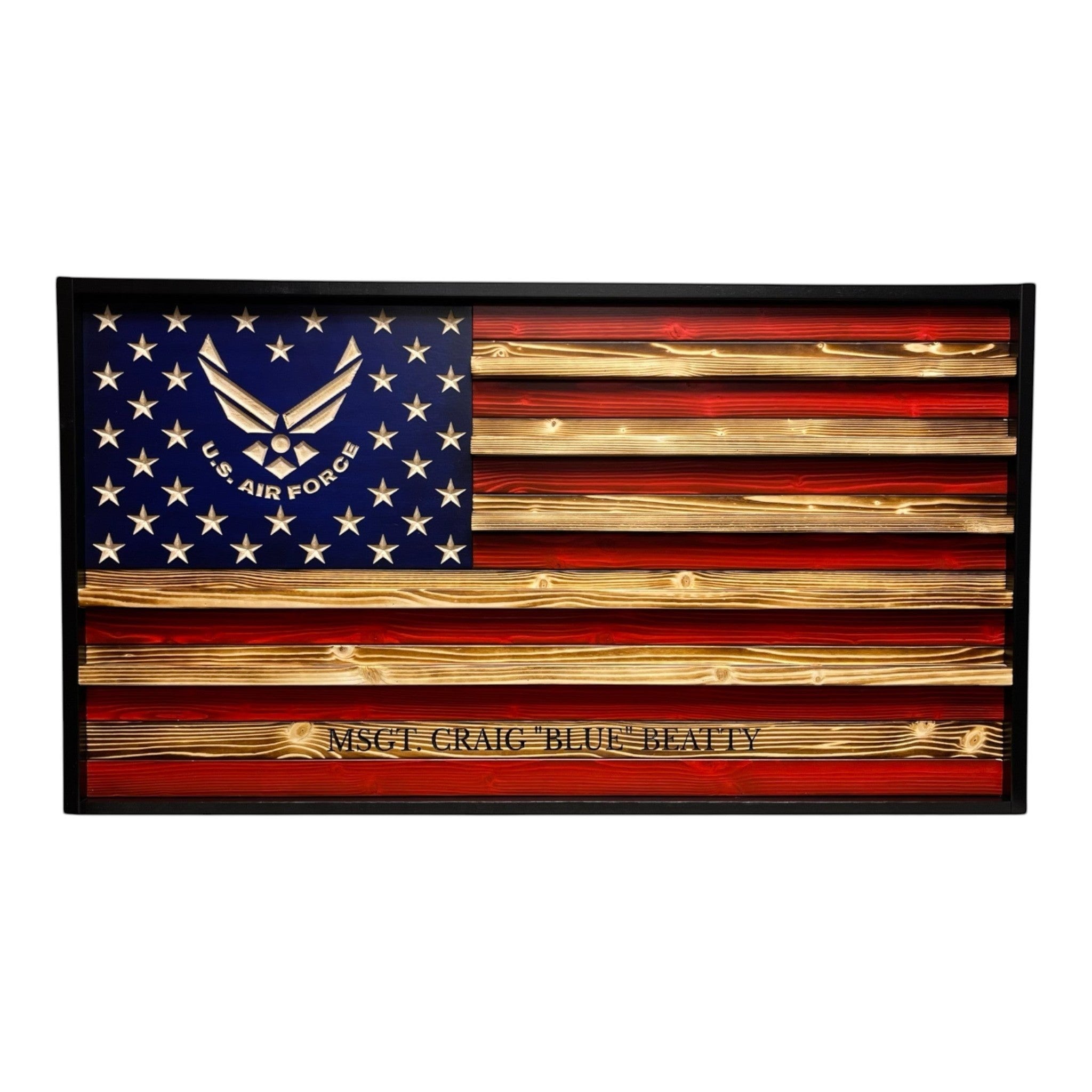 Breacher Rustics wooden US Air Force flag with carved emblem and personalized name. Features coin rails. armed forces challenge coin flag wooden wall display for military coins patriotic usa made decor