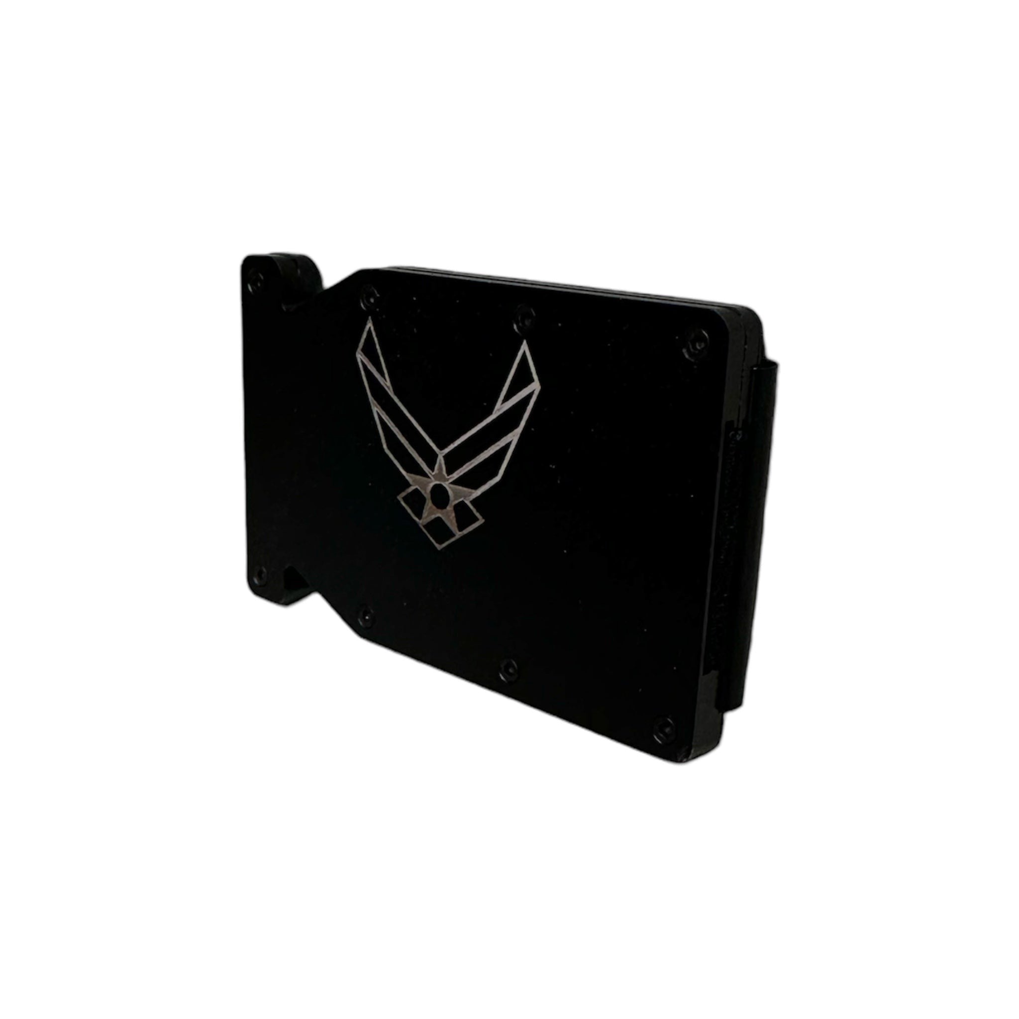 Breacher Rustics black aluminum RFID blocking metal wallet with Air Force logo. Holds 12-15 cards.