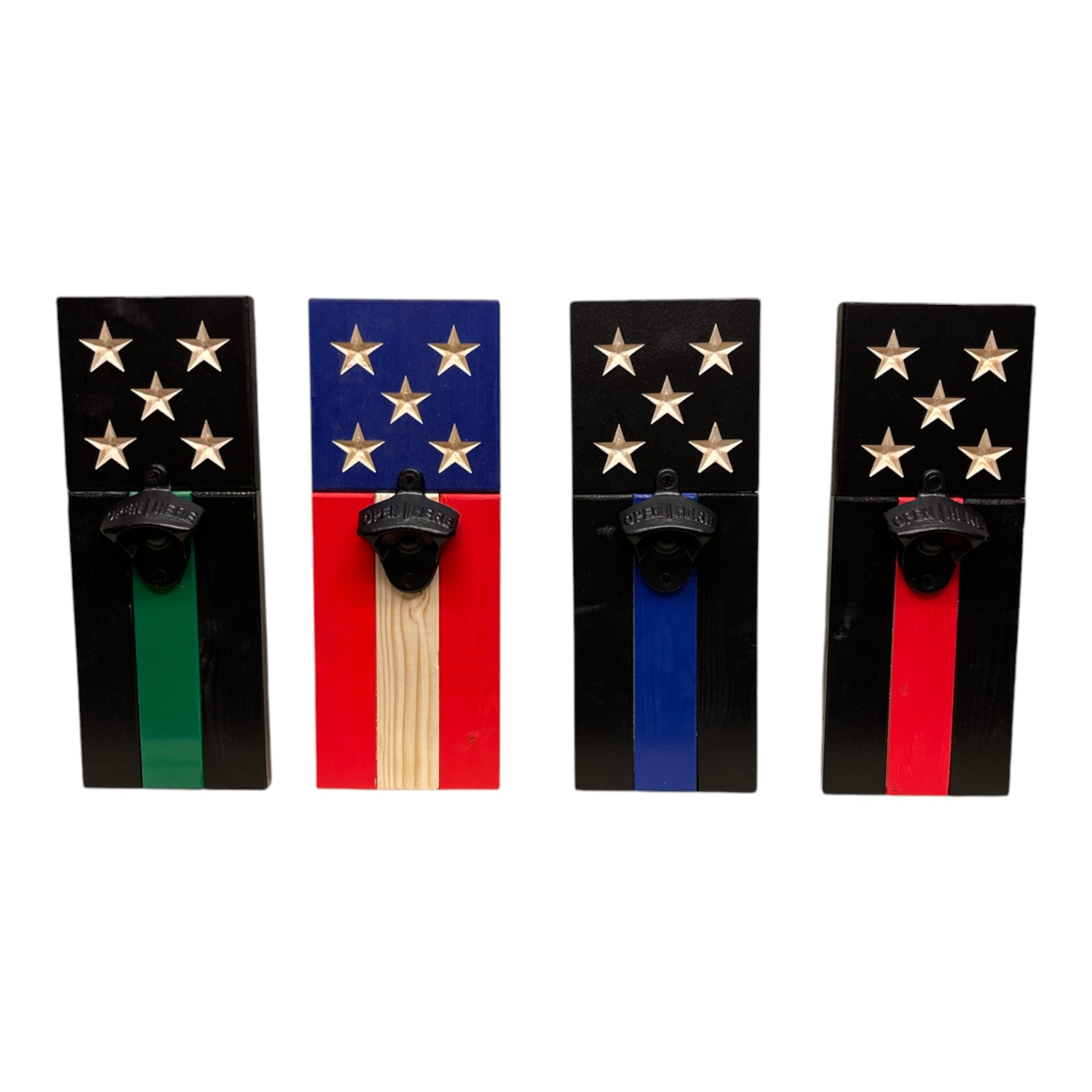 Breacher Rustics American flag bottle openers with thin green, red, blue lines and standard flag design. Wooden. american flag bottle opener wall mounted wooden patriotic bar decor rustic usa made opener for beer caps