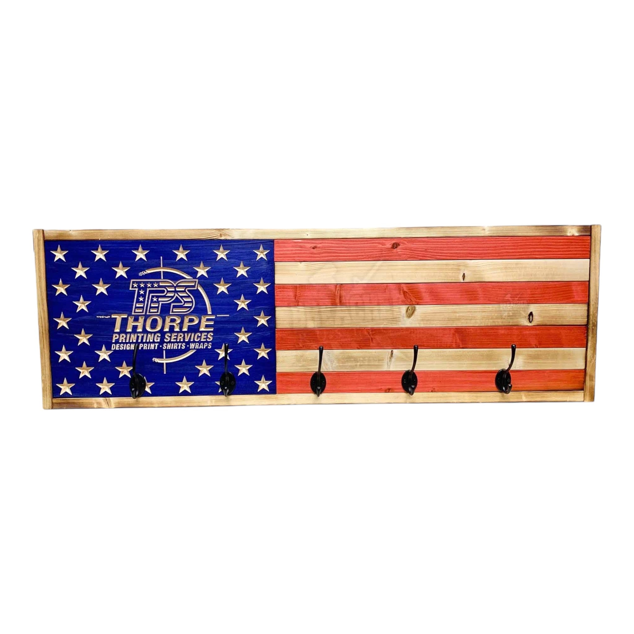 Breacher Rustics American flag wooden coat rack with custom logo and 5 black hooks. Made in USA. coat rack first responder gift wooden wall hooks emergency medical services tribute entryway organizer patriotic decor