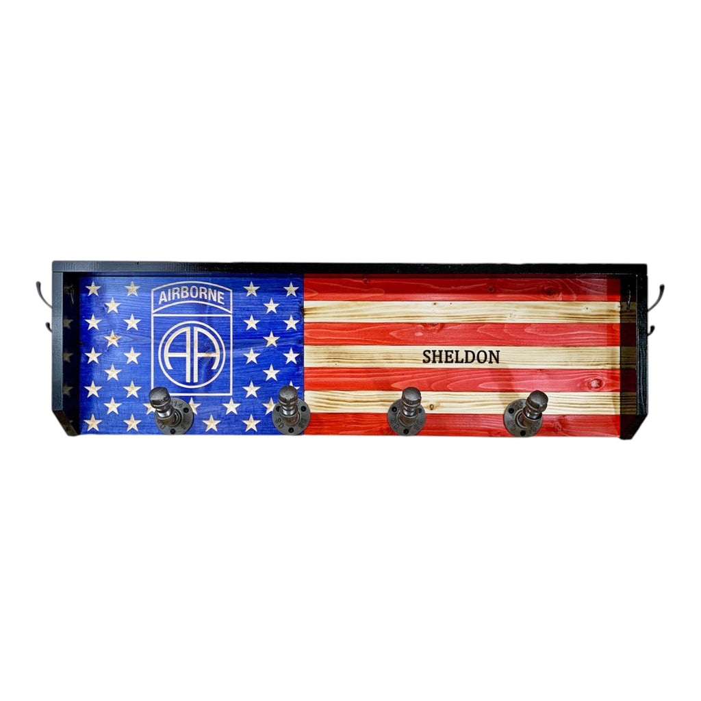 Breacher Rustics American flag coat rack with custom Airborne logo shown and name personalization. Features 4 metal hooks. airborne coat rack custom logo wooden wall mounted hook rack military patriotic entryway organizer usa made