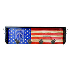 Breacher Rustics American flag coat rack with custom Airborne logo shown and name personalization. Features 4 metal hooks. airborne coat rack custom logo wooden wall mounted hook rack military patriotic entryway organizer usa made