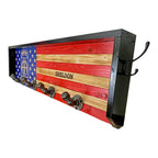 Breacher Rustics American flag coat rack with custom name text and custom Airborne logo, featuring pipe hooks. custom logo airborne coat rack wood flag wall mounted hook rack personalized military unit decor usa made